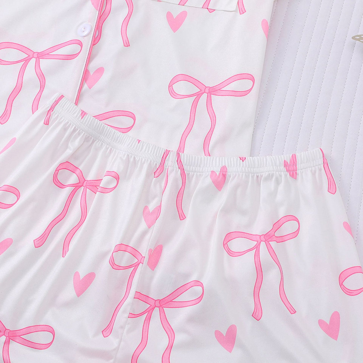 Bow and Heart Print Short Pajama Set - White - 4