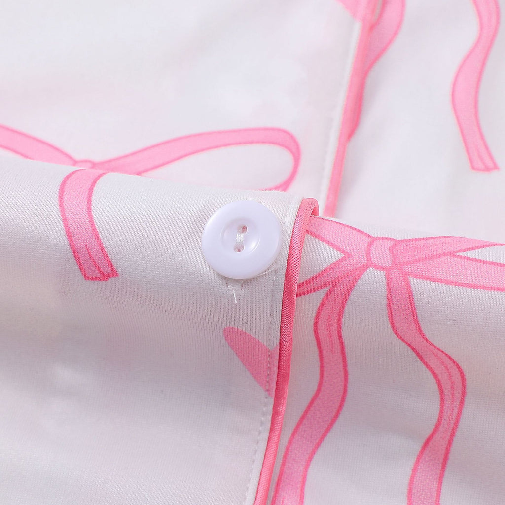 Bow and Heart Print Short Pajama Set - White - 5