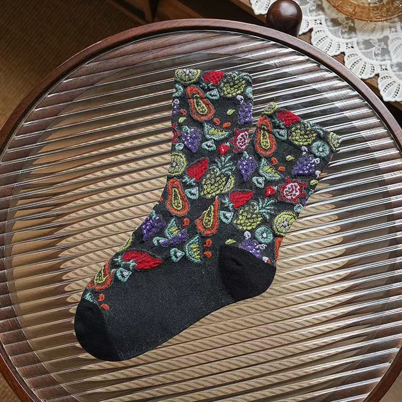Bright Fruit Print Vintage Crew Socks - Black