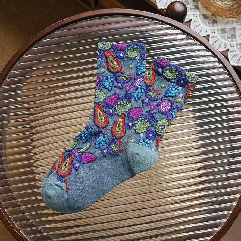 Bright Fruit Print Vintage Crew Socks - DkGrey