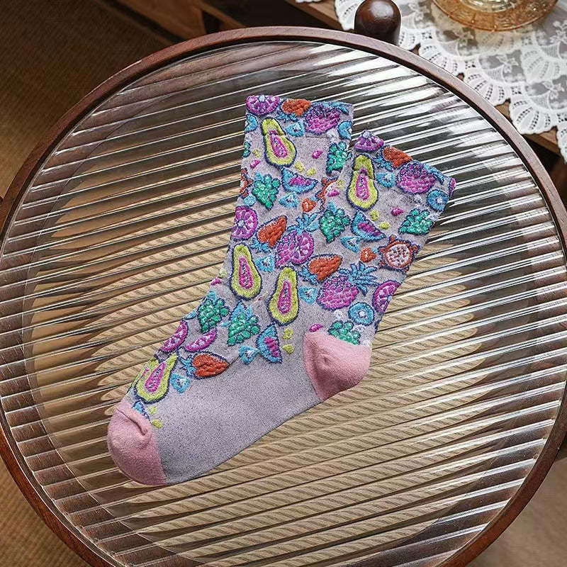 Bright Fruit Print Vintage Crew Socks - Pink