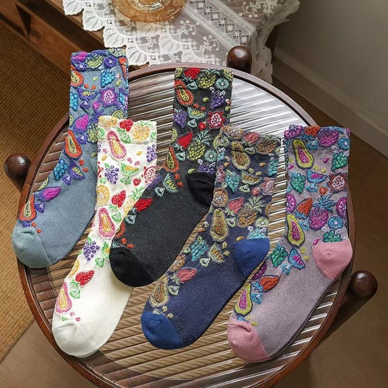 Bright Fruit Print Vintage Crew Socks - White