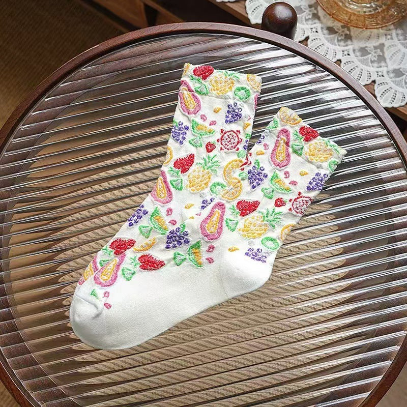 Bright Fruit Print Vintage Crew Socks - White - 1