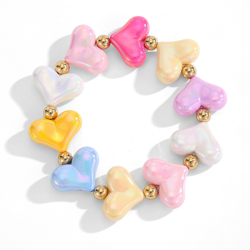 Puffy Heart Beaded Bracelet with Pastel Pearly Sheen - Bracelet