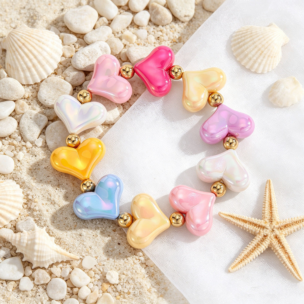 Puffy Heart Beaded Bracelet with Pastel Pearly Sheen