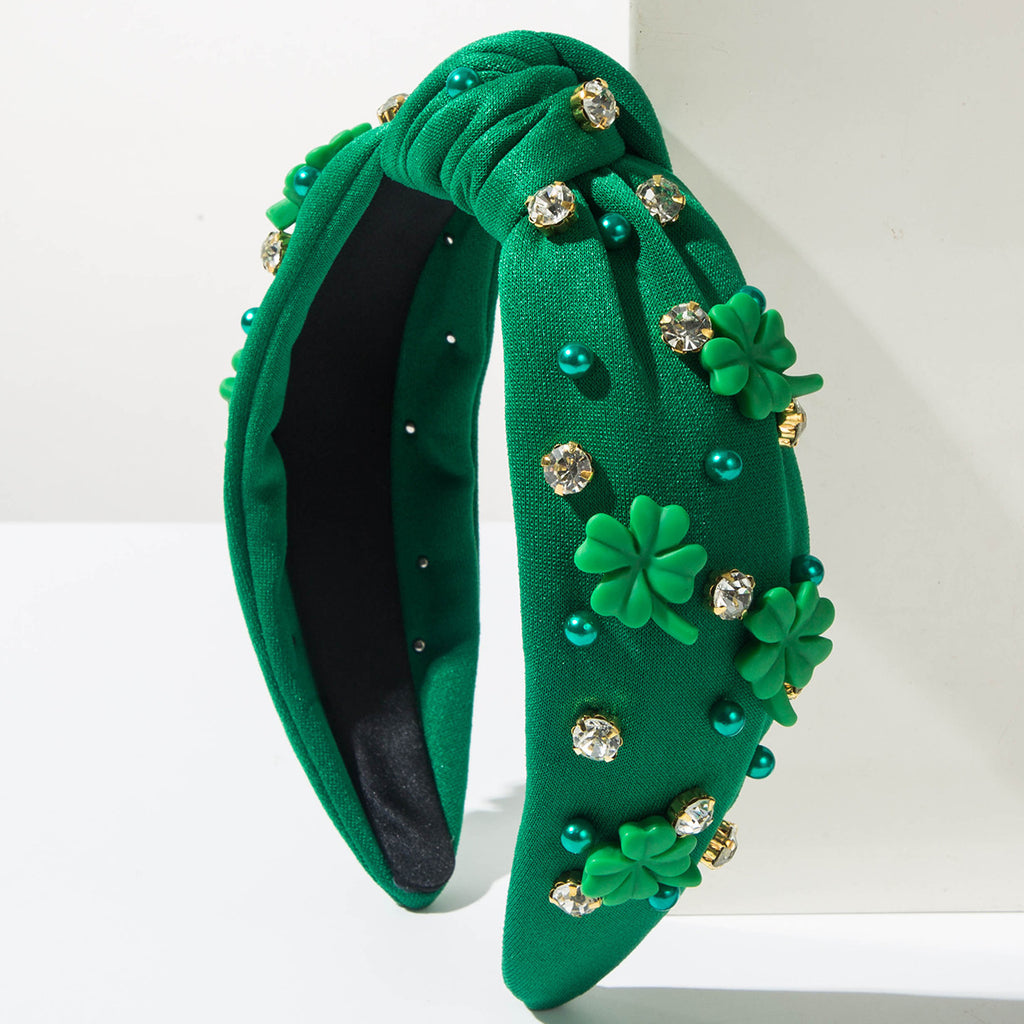 Beaded Clover Knotted Wide Headband - Green