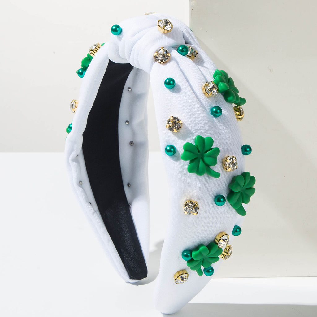 Beaded Clover Knotted Wide Headband - White