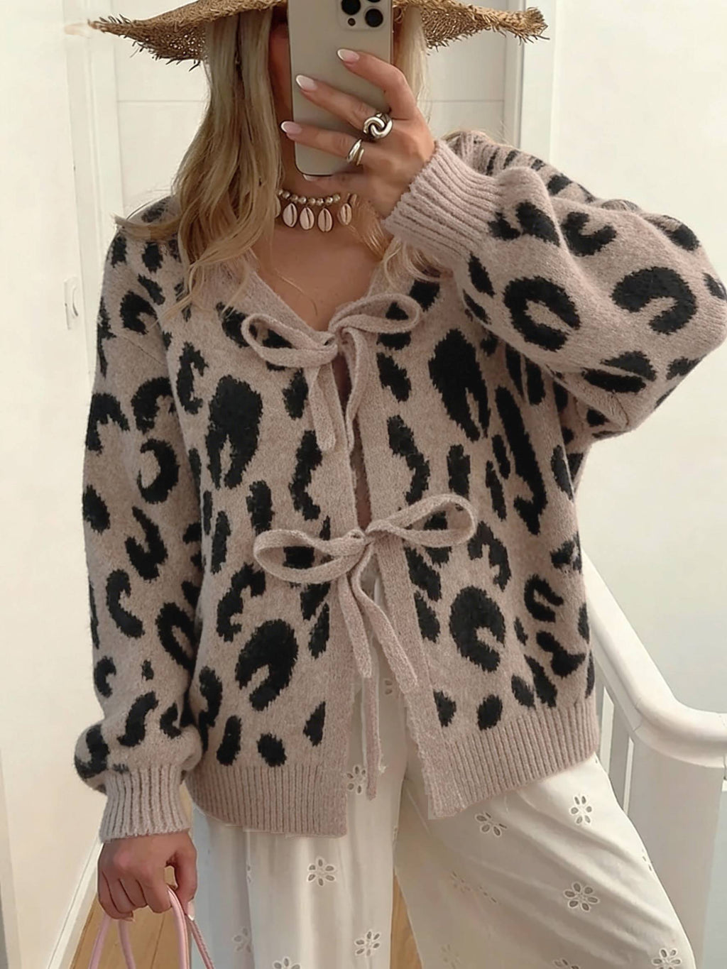 Tie Front Animal Print Knit Cardigan - Leopard