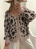 Tie Front Animal Print Knit Cardigan - Leopard
