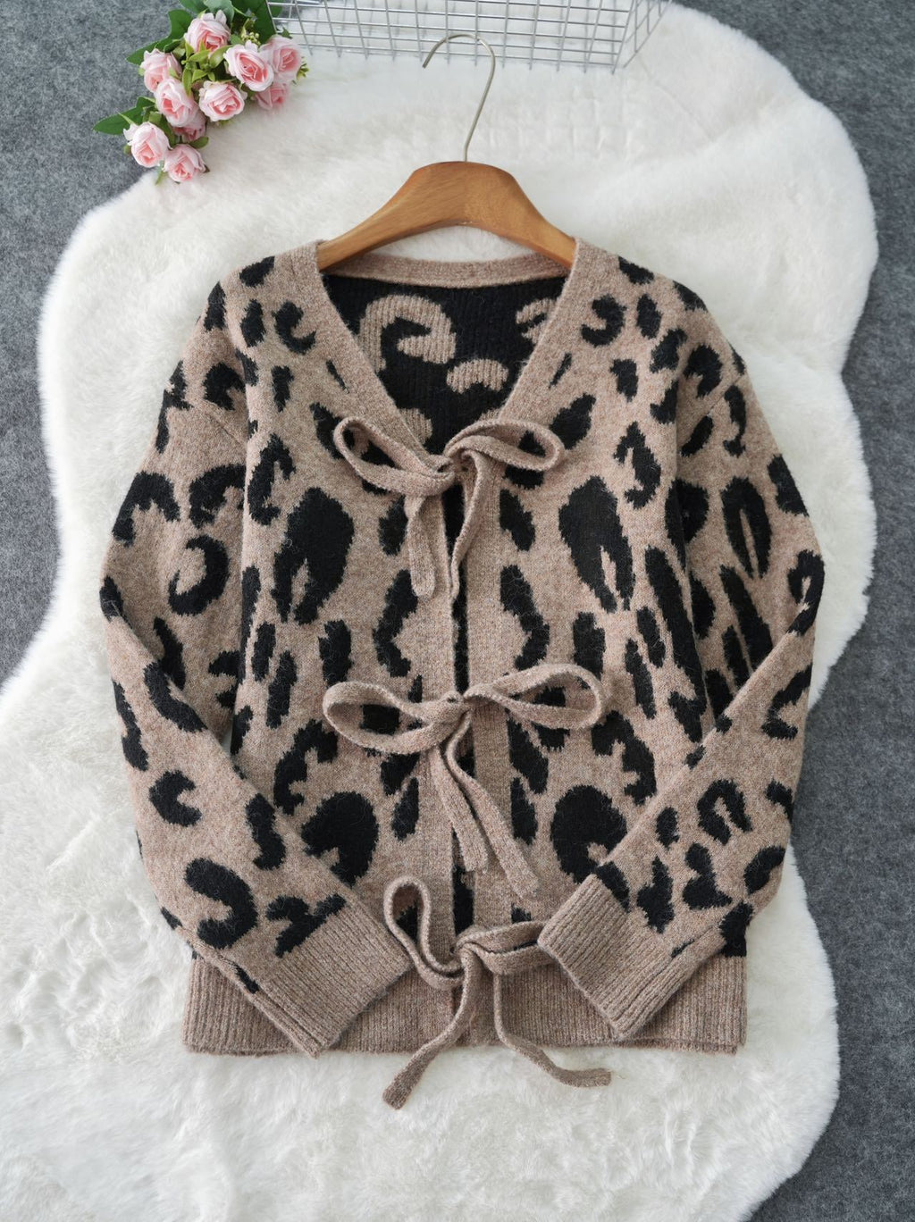 Tie Front Animal Print Knit Cardigan - Leopard - 1