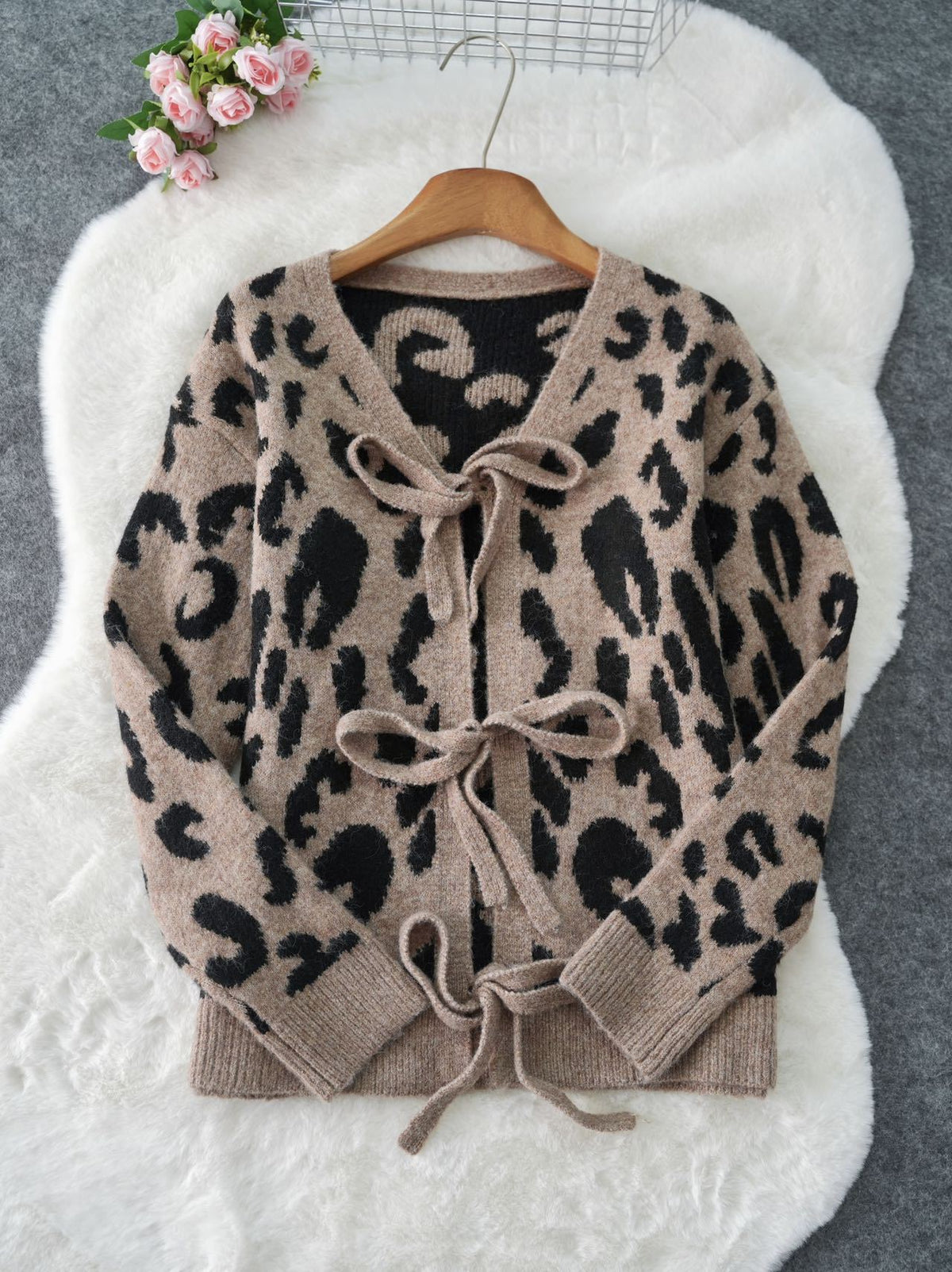 Tie Front Animal Print Knit Cardigan - Leopard - 1