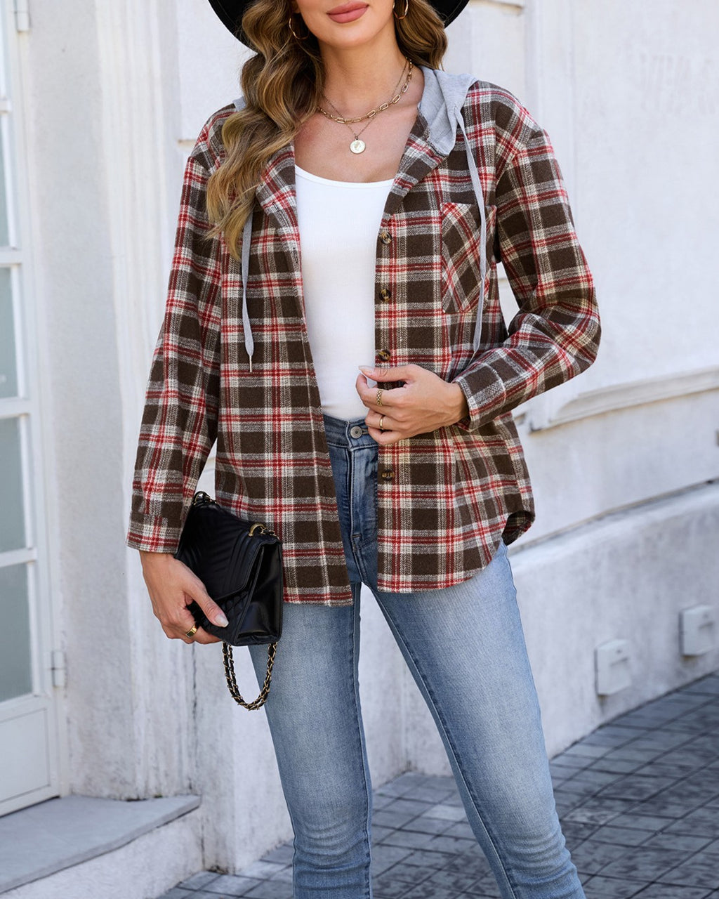 Plaid Hooded Shacket With Chest Pockets - Brown