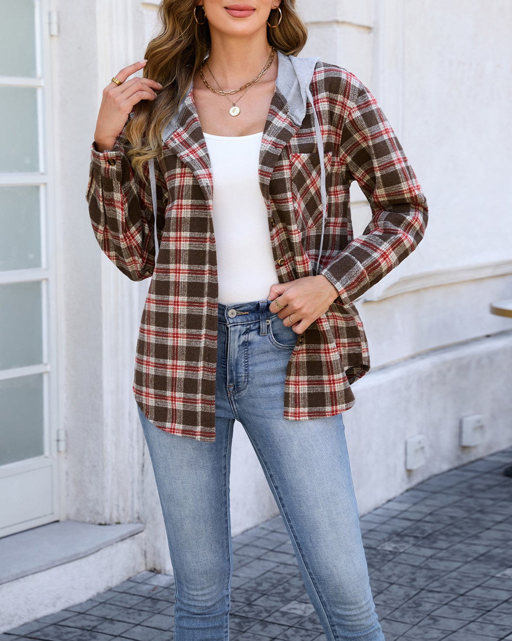Plaid Hooded Shacket With Chest Pockets - Brown - 1