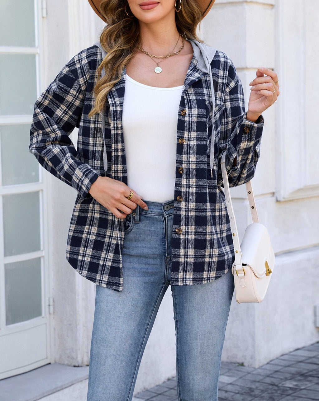 Plaid Hooded Shacket With Chest Pockets - Navyblue