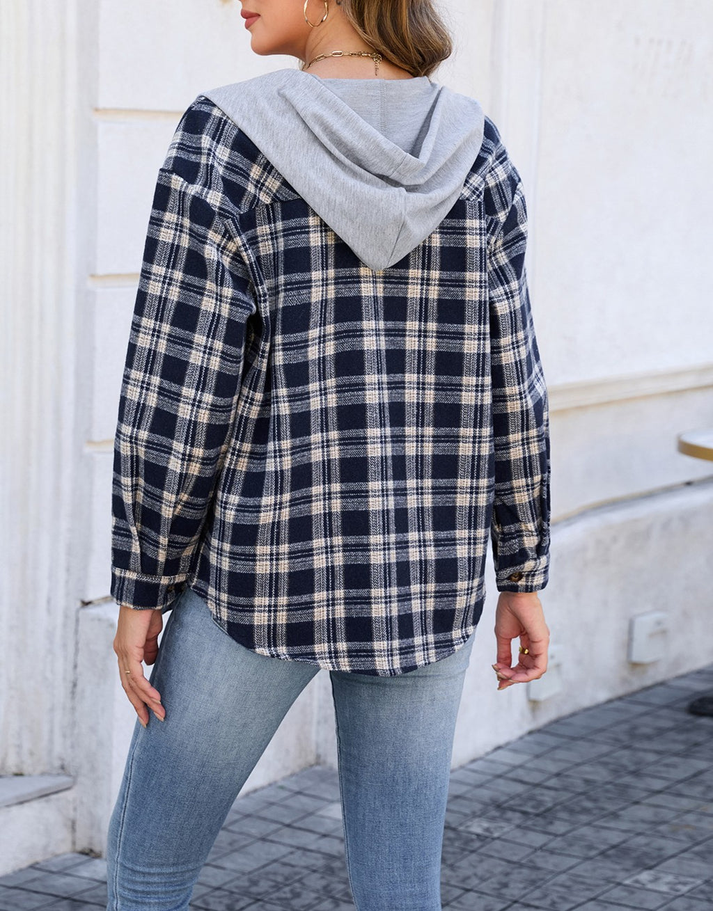Plaid Hooded Shacket With Chest Pockets - Navyblue - 1