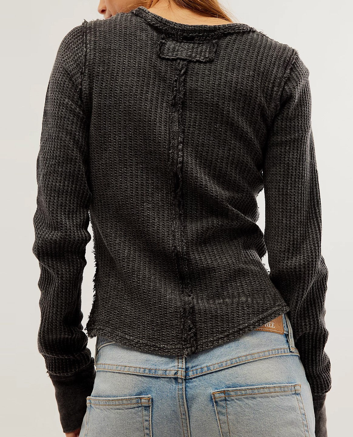Ribbed Seam Detail Long Sleeve Crew Top - Black
