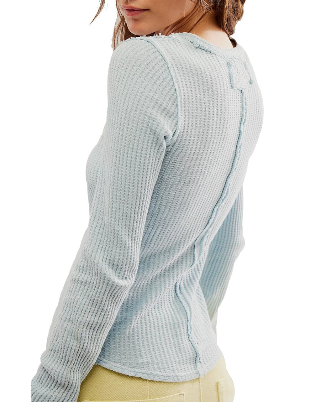 Ribbed Seam Detail Long Sleeve Crew Top - Blue - 1