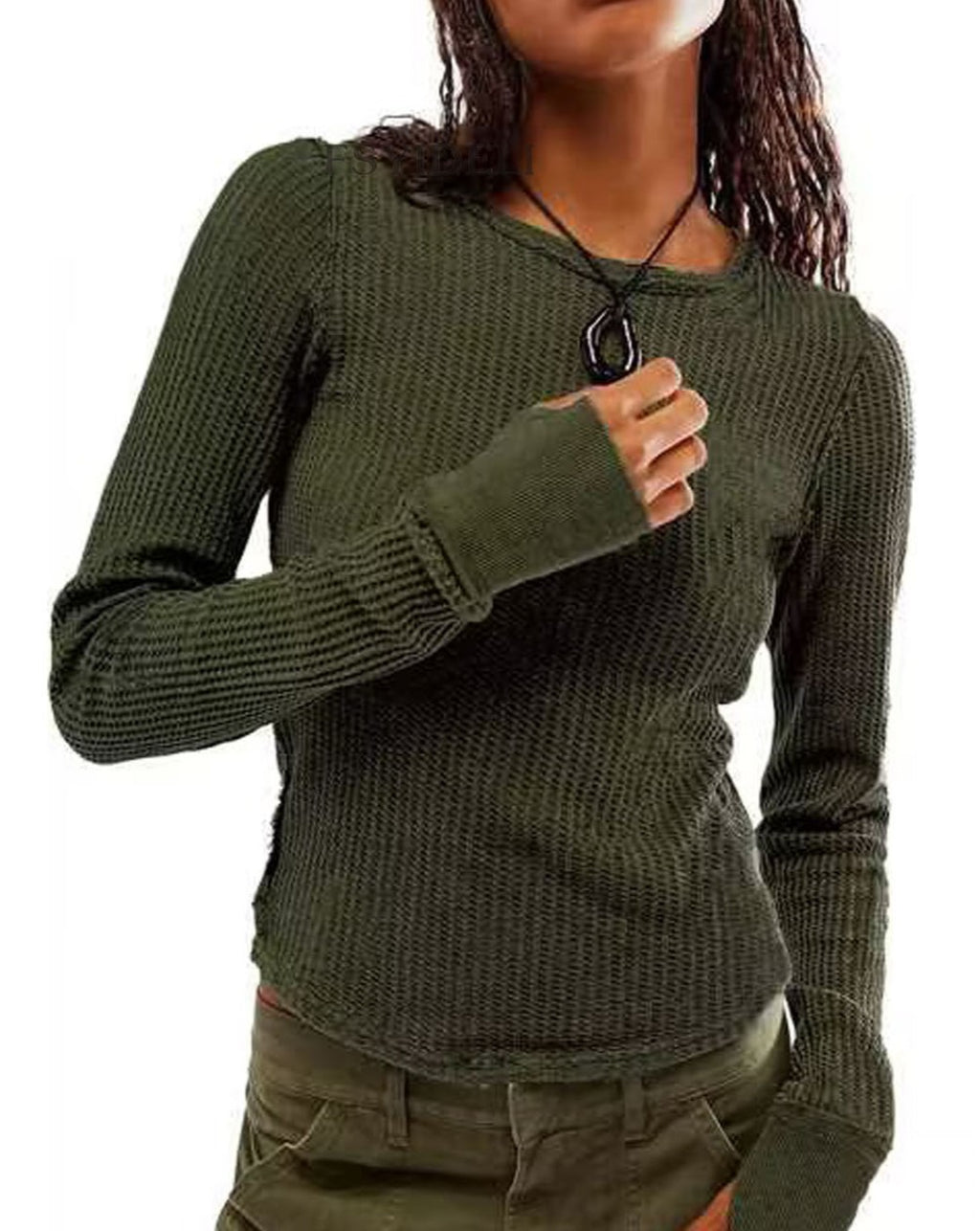 Ribbed Seam Detail Long Sleeve Crew Top - Green