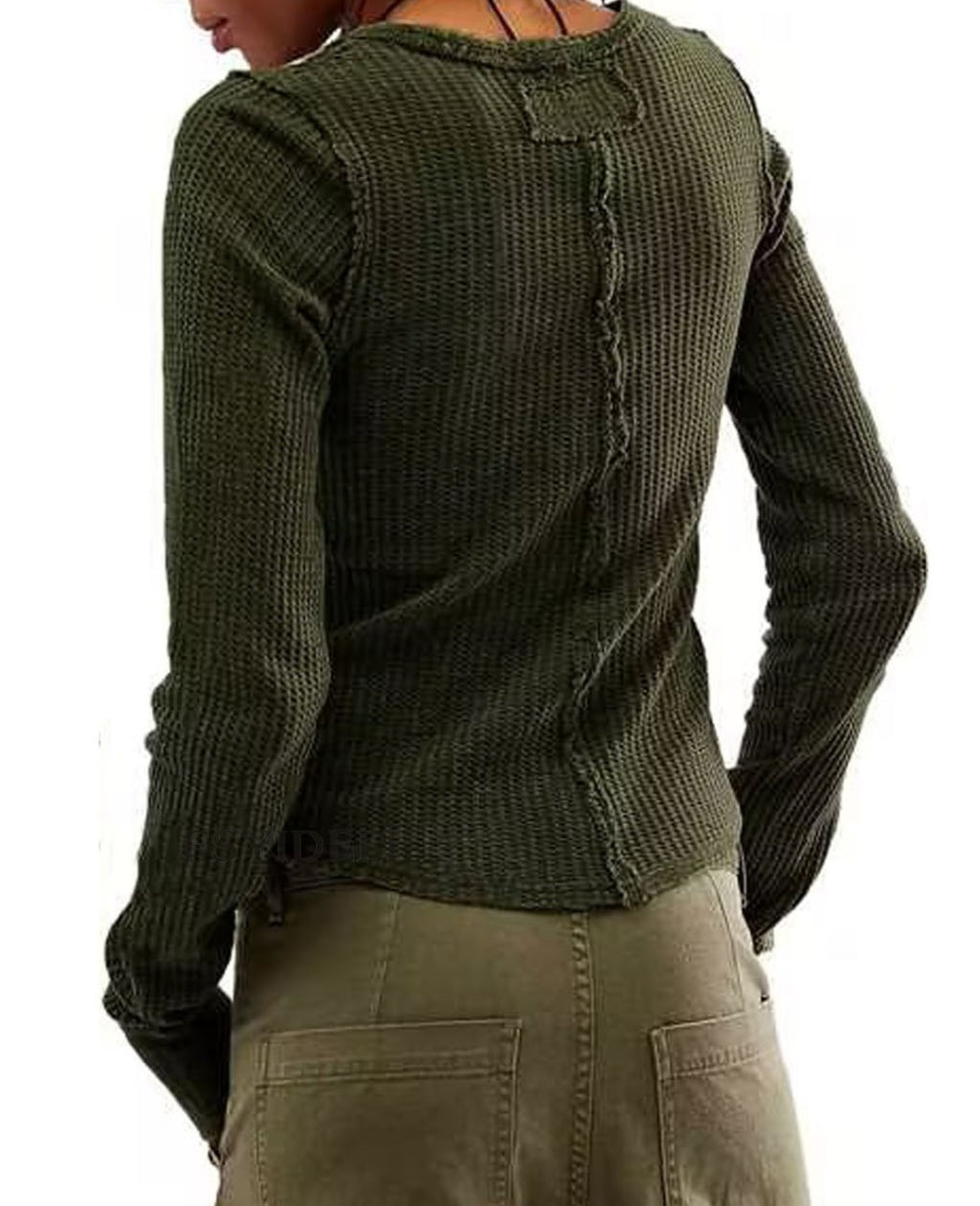 Ribbed Seam Detail Long Sleeve Crew Top - Green - 1