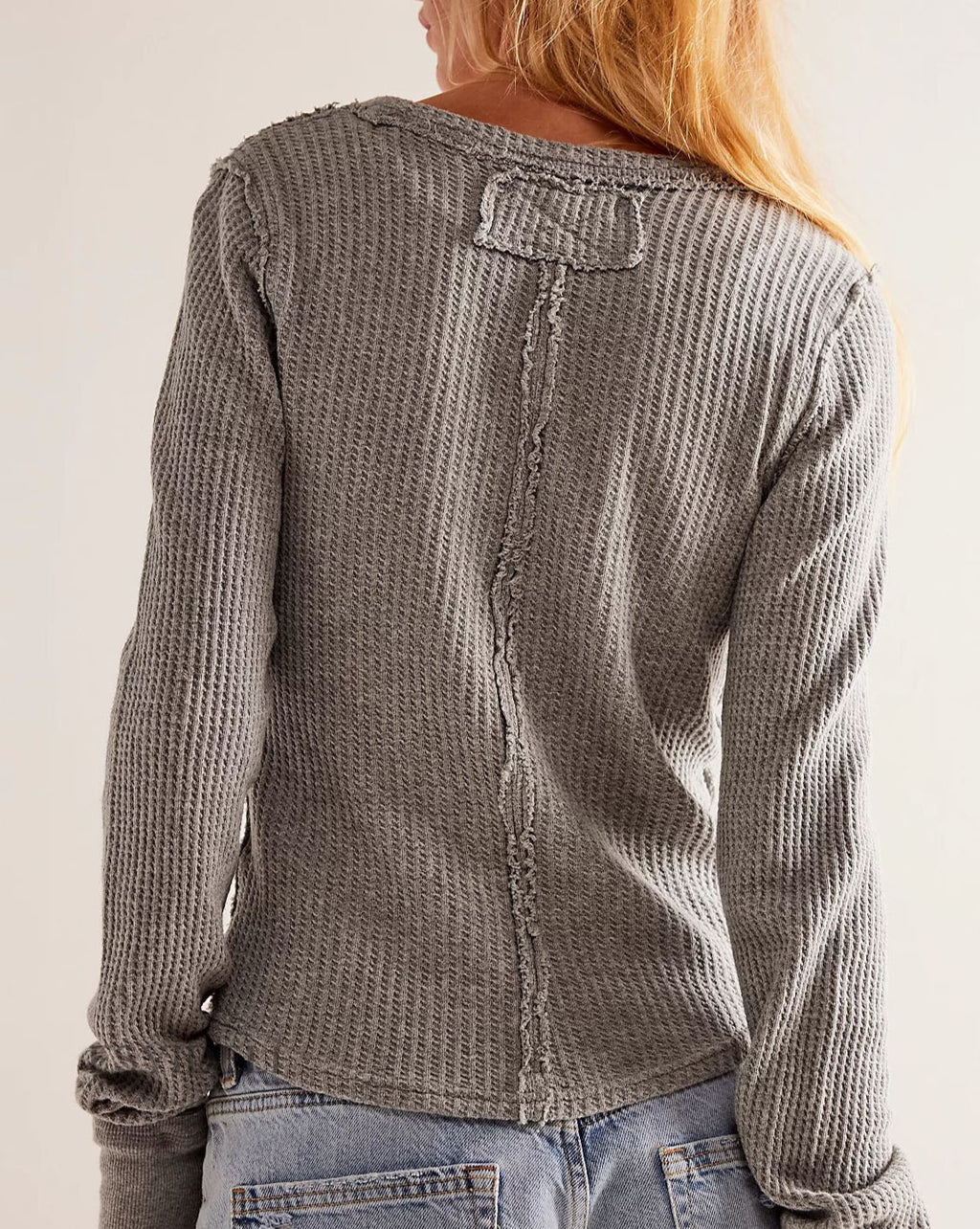 Ribbed Seam Detail Long Sleeve Crew Top - Grey