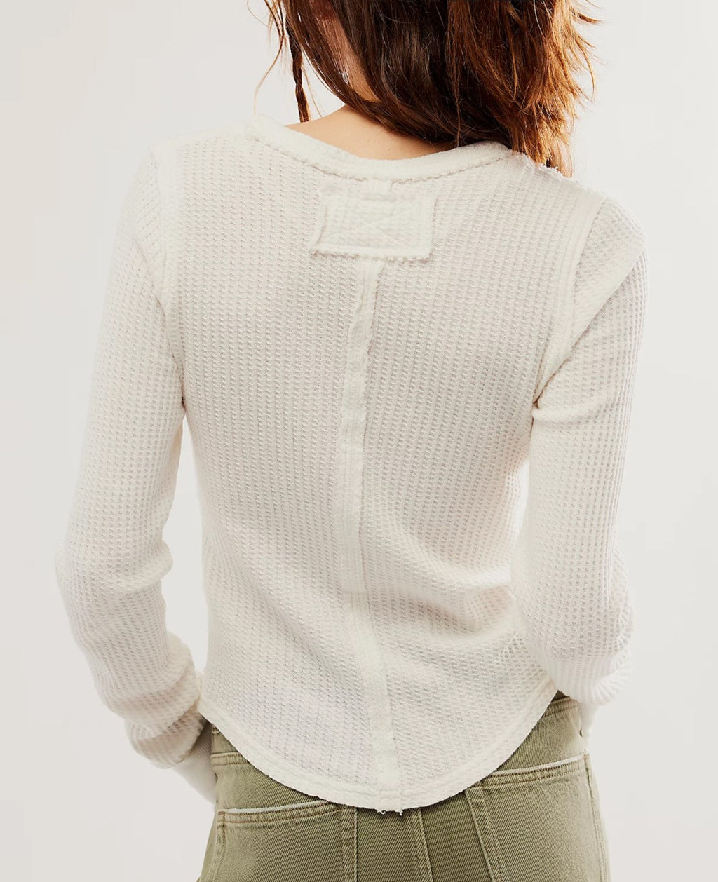Ribbed Seam Detail Long Sleeve Crew Top - White
