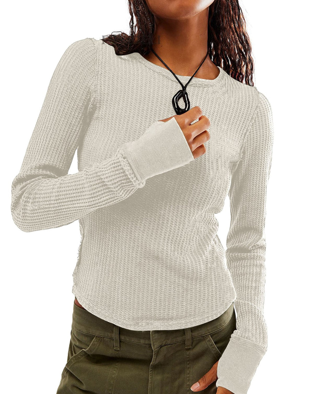 Ribbed Seam Detail Long Sleeve Crew Top - White - 1
