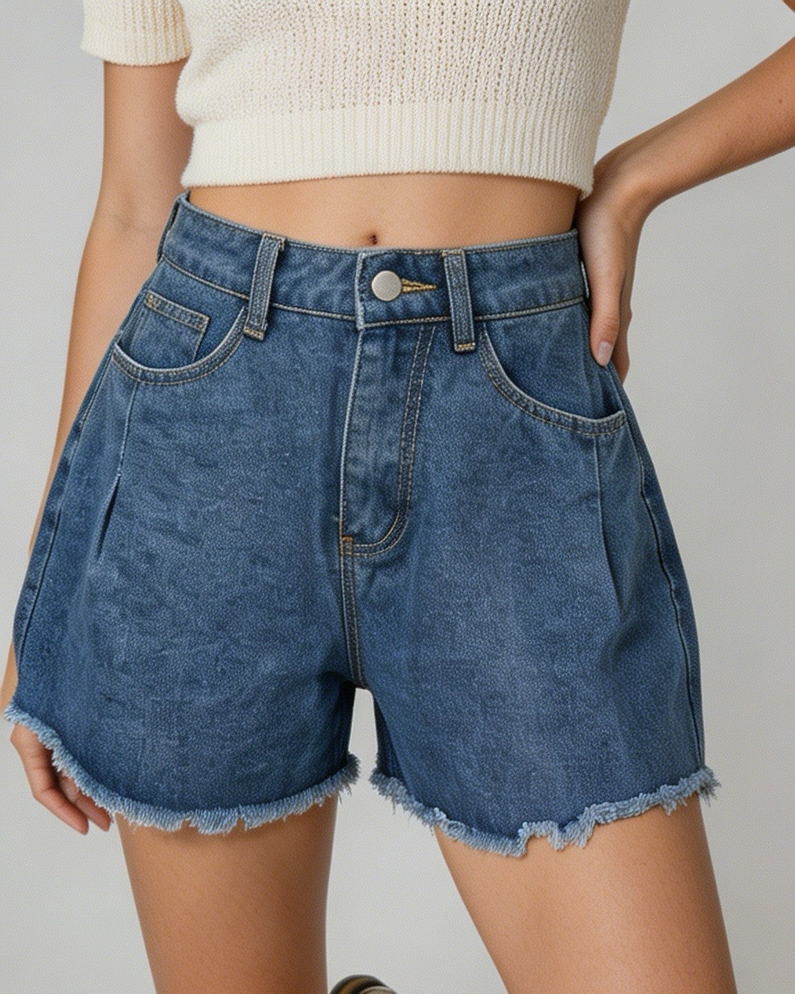Pleated High Waist Denim Shorts With Raw Hem - Blue