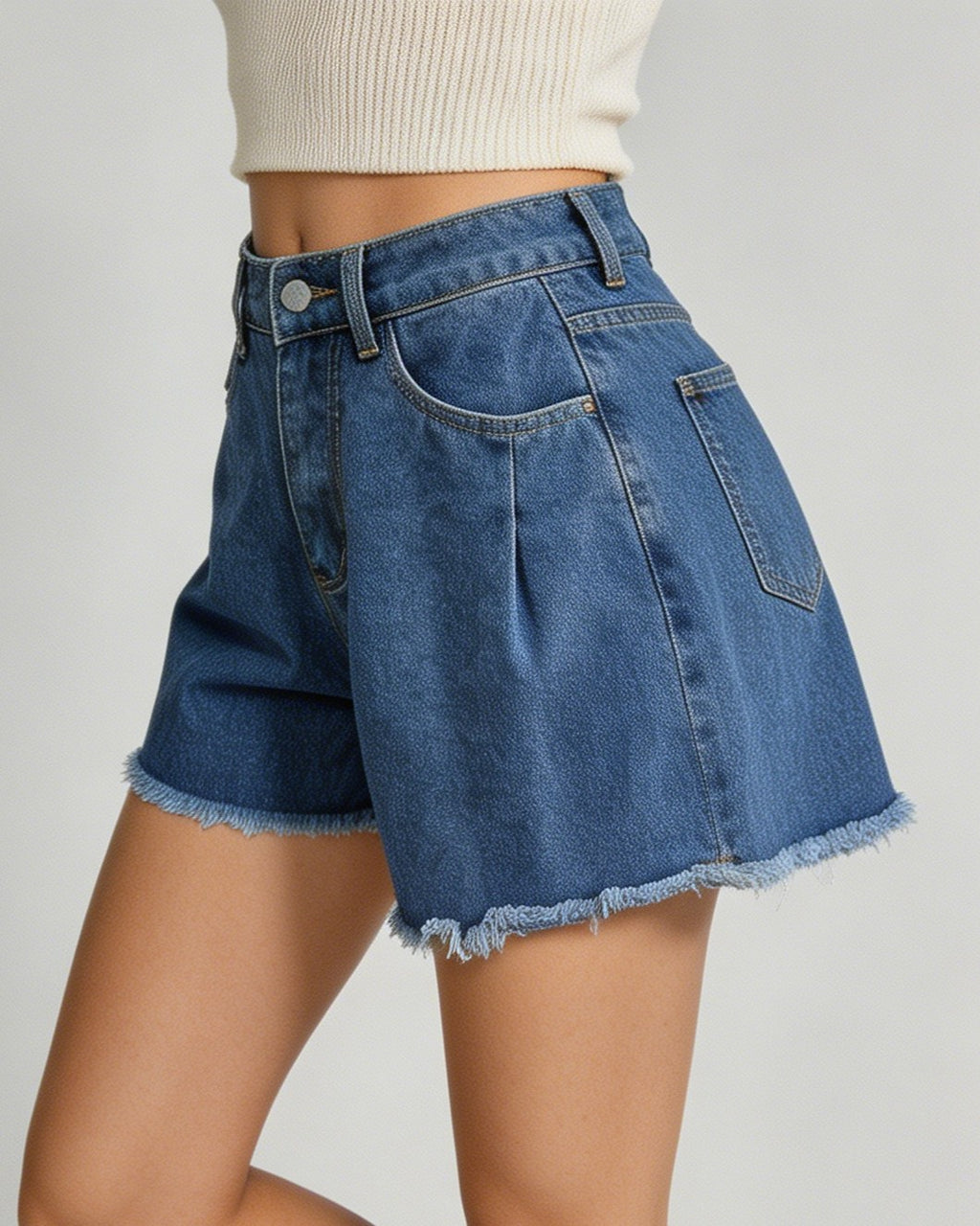 Pleated High Waist Denim Shorts With Raw Hem - Blue - 2