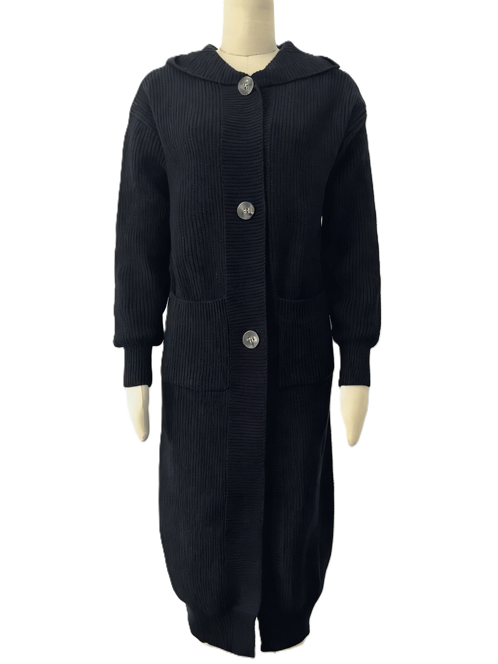 Hooded Longline Button Knit Duster Cardigan - Black