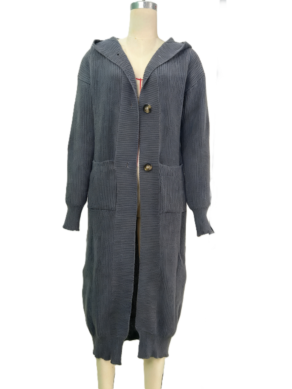 Hooded Longline Button Knit Duster Cardigan - Darkgrey