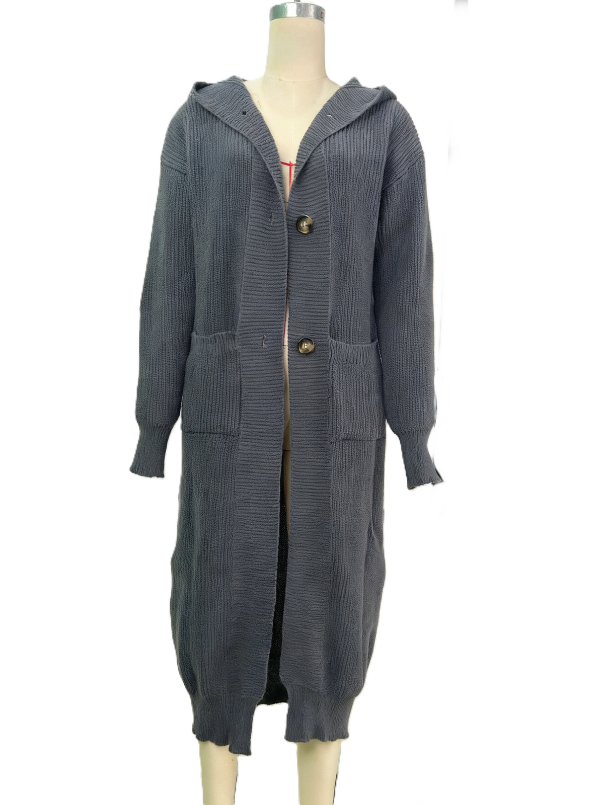 Hooded Longline Button Knit Duster Cardigan - Darkgrey