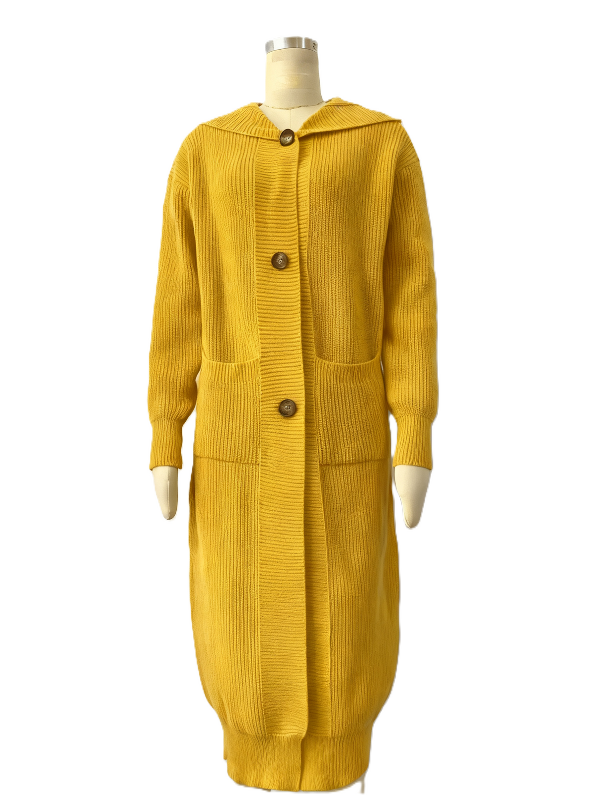 Hooded Longline Button Knit Duster Cardigan - Yellow