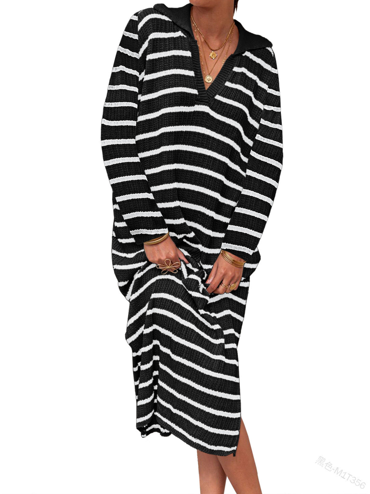Striped Knit Polo Collar Midi Dress - Black
