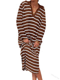 Striped Knit Polo Collar Midi Dress - Brown