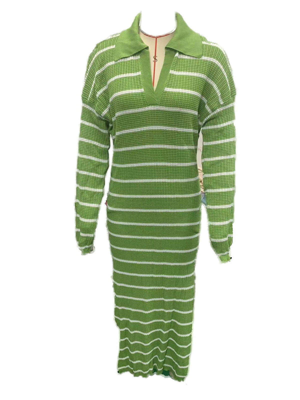 Striped Knit Polo Collar Midi Dress - Green