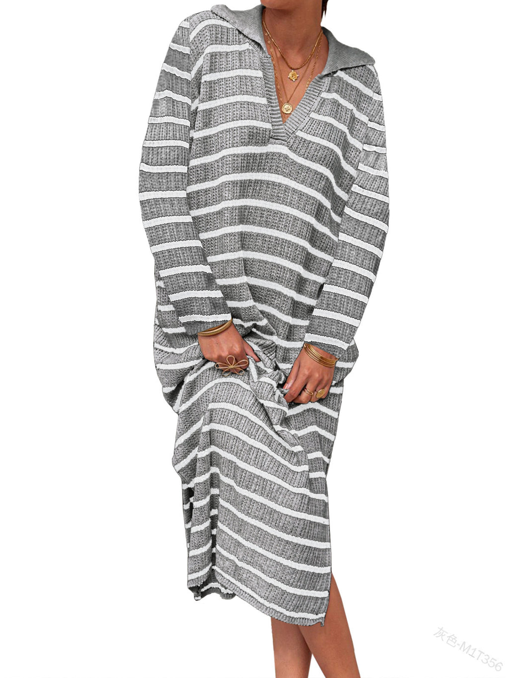 Striped Knit Polo Collar Midi Dress - Grey
