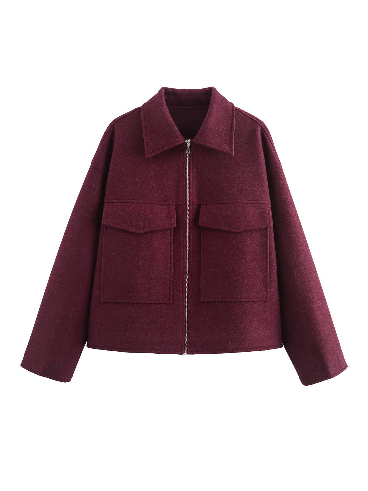 Wine Red Wool Blend Cropped Zip Jacket