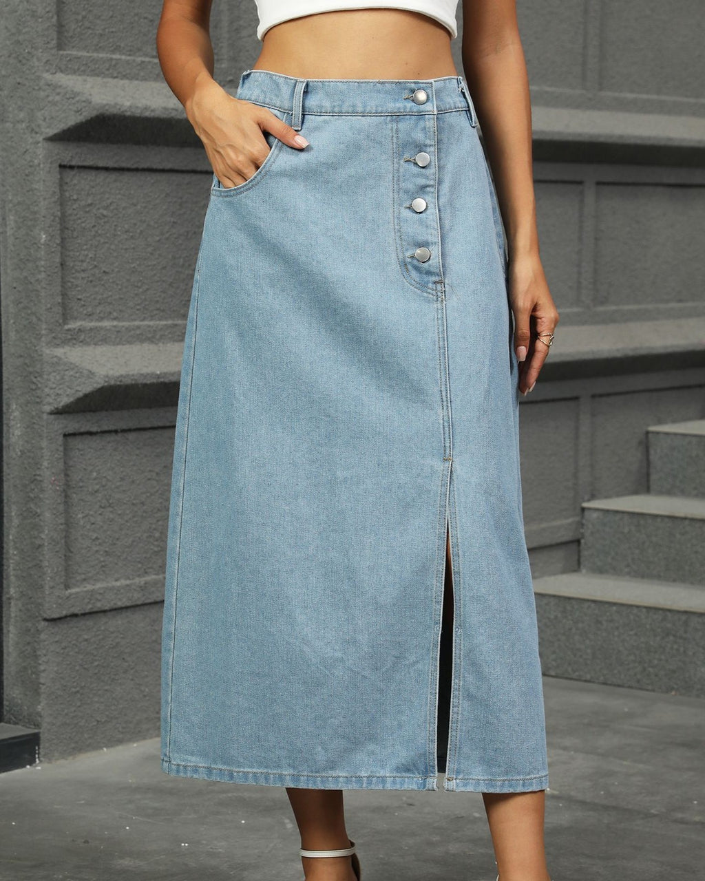 Button Front Slit Denim Midi Skirt - Dark-Blue