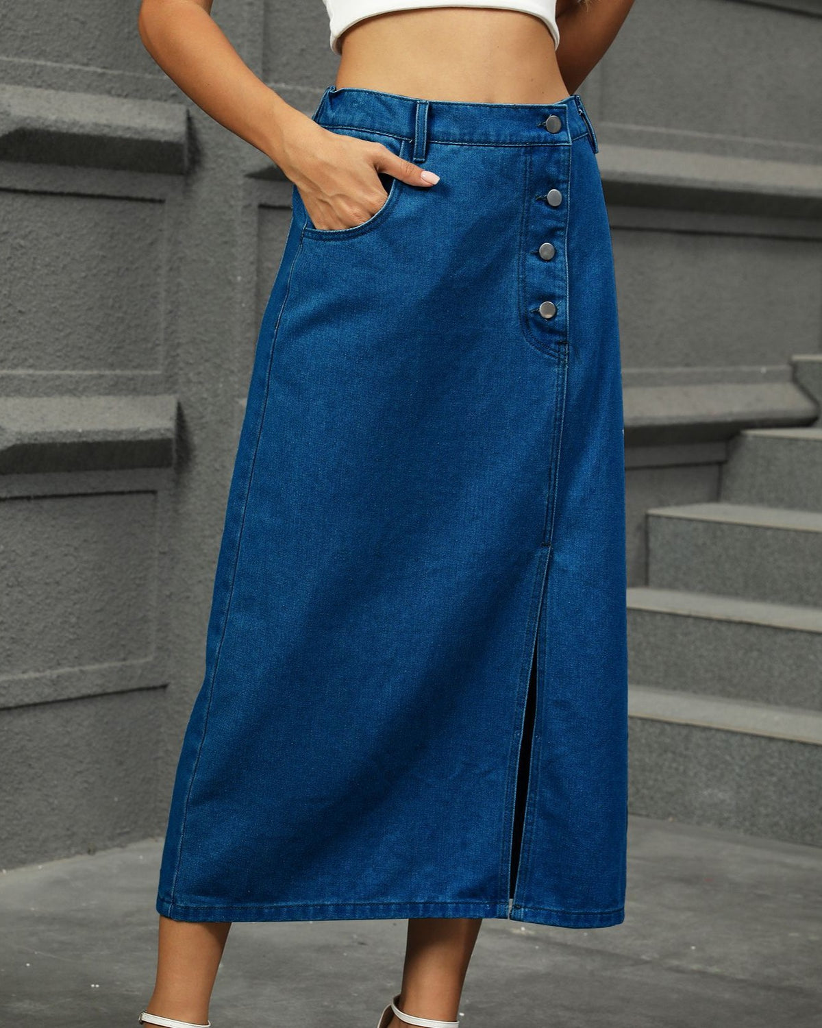 Button Front Slit Denim Midi Skirt - Dark-Blue - 1