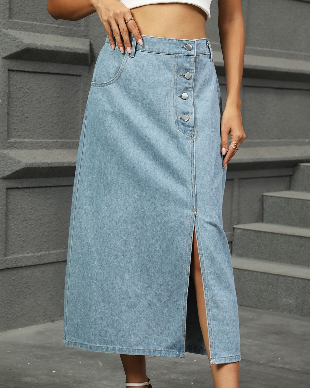 Button Front Slit Denim Midi Skirt - Light-Blue