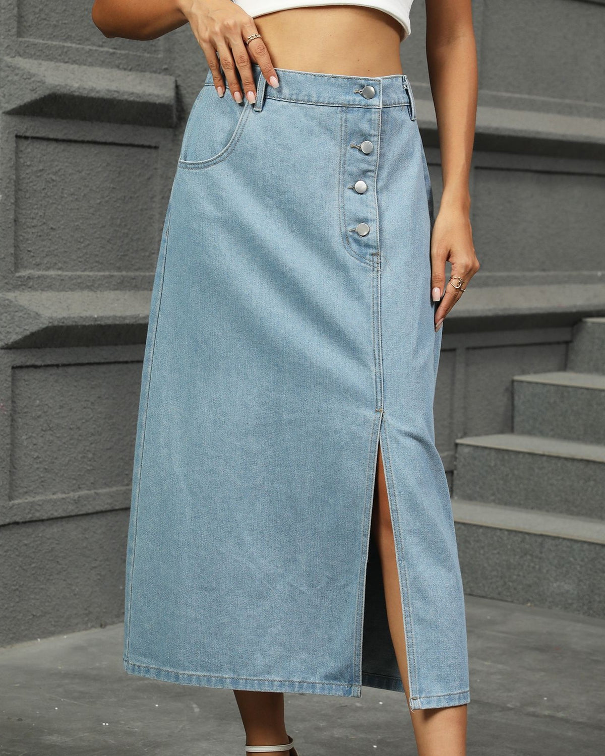 Button Front Slit Denim Midi Skirt - Light-Blue