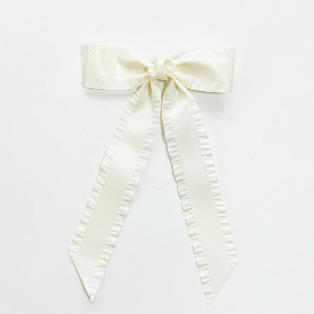 Ruffle Edge Satin Bow Hair Clip - Beige
