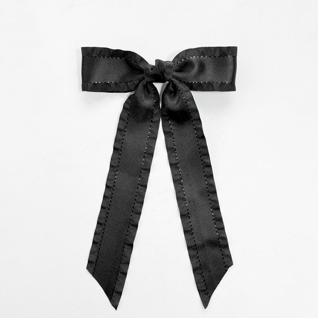 Ruffle Edge Satin Bow Hair Clip - Black