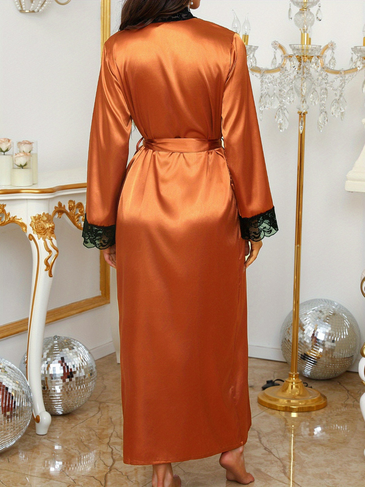 Lace Trim Satin Floor Length Robe - Caramel - 3