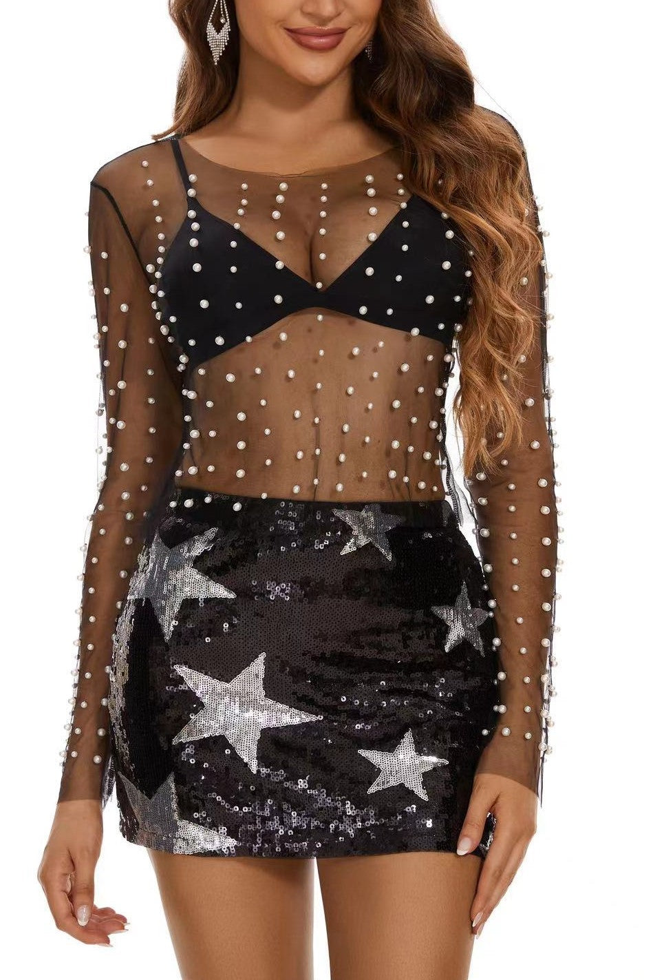 Sheer Mesh Pearl Long Sleeve Crop Top - black