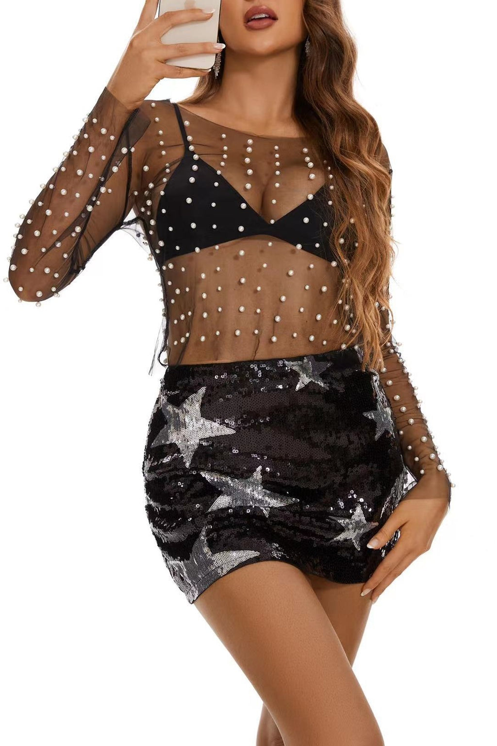 Sheer Mesh Pearl Long Sleeve Crop Top - black - 5