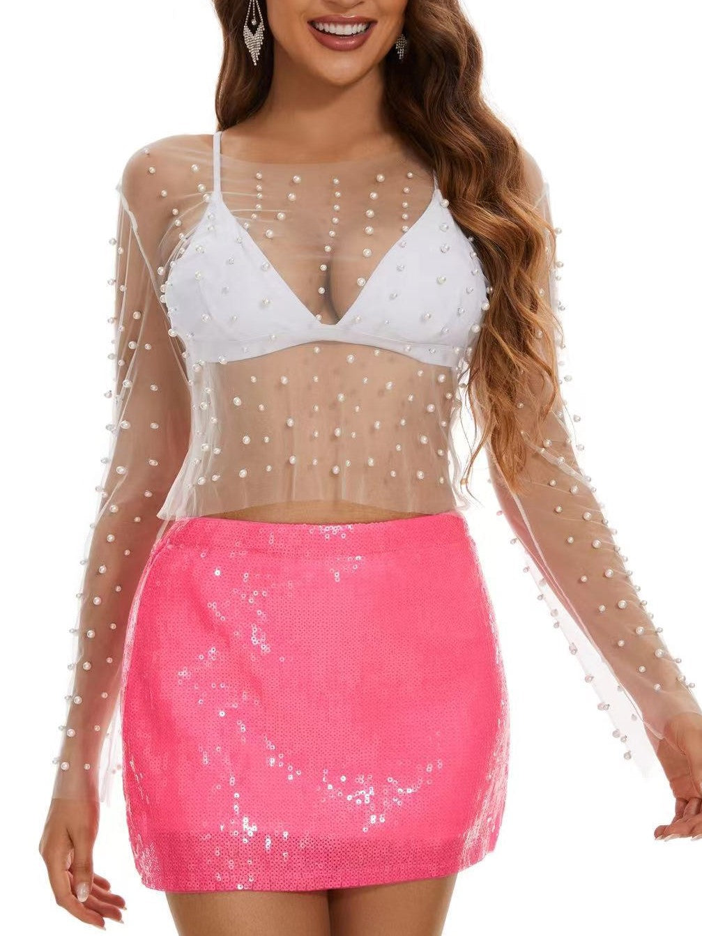 Sheer Mesh Pearl Long Sleeve Crop Top - white - 1