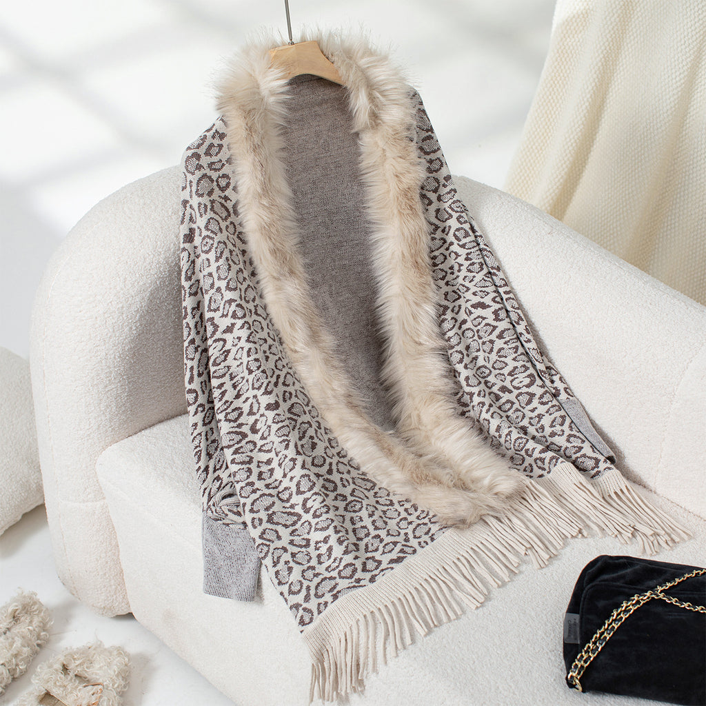 Leopard Faux Fur Collar Fringed Cape Cardigan - Apricot