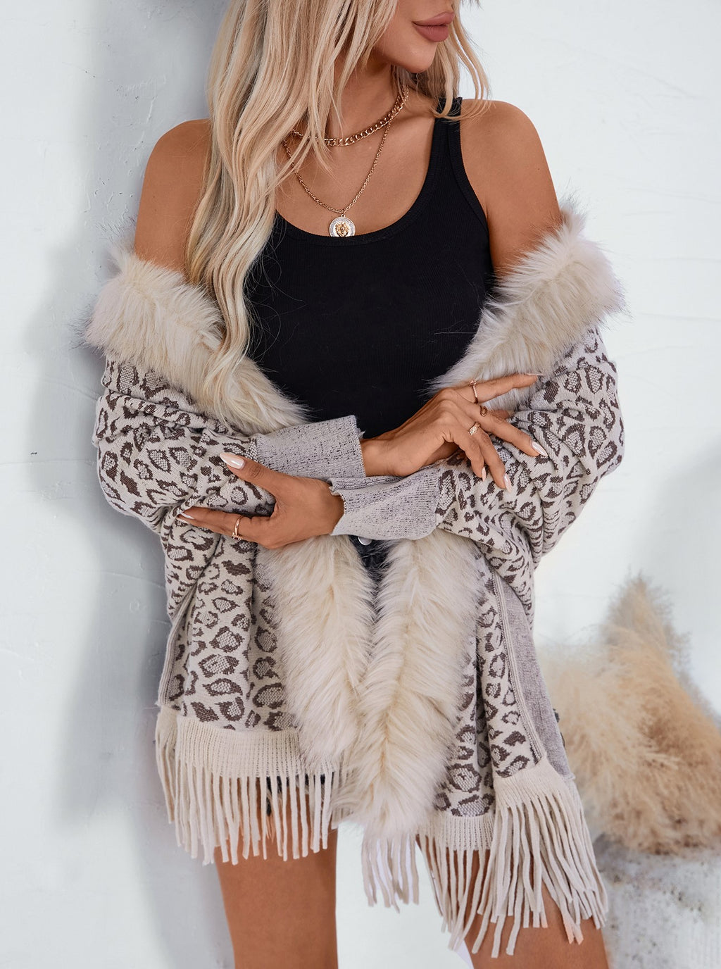 Leopard Faux Fur Collar Fringed Cape Cardigan - Apricot - 1