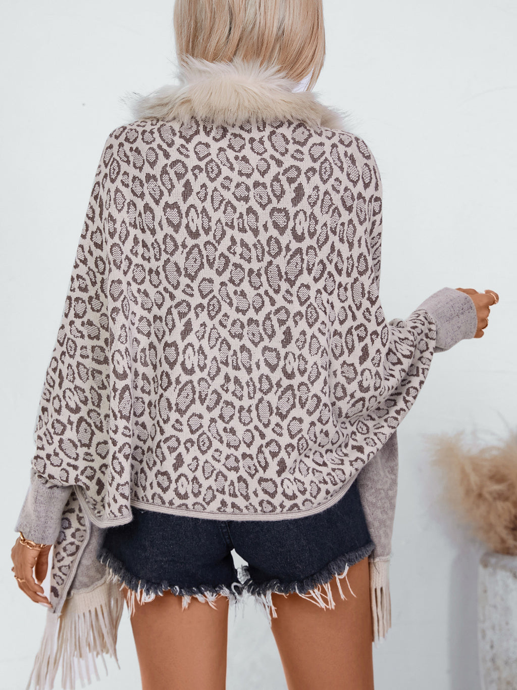 Leopard Faux Fur Collar Fringed Cape Cardigan - Apricot - 2